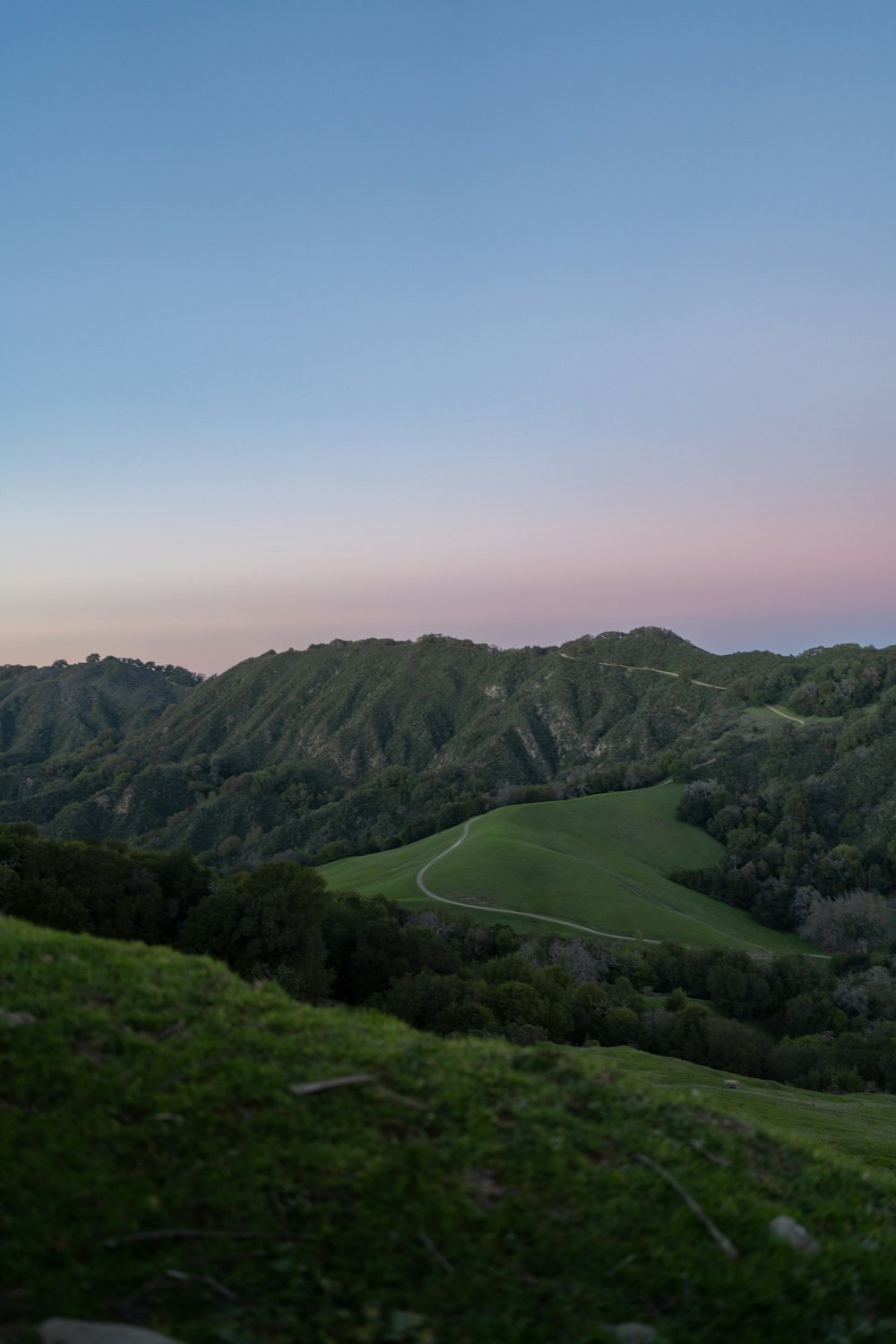 a view of a grassy hill with trees and hills in the background