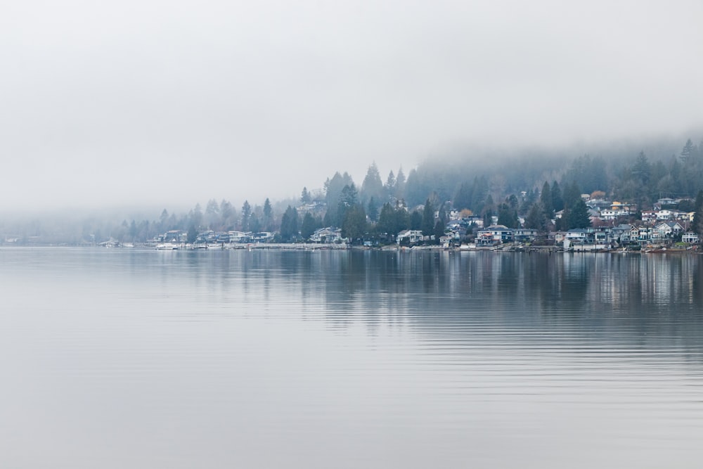 a body of water with houses on a hill in the background