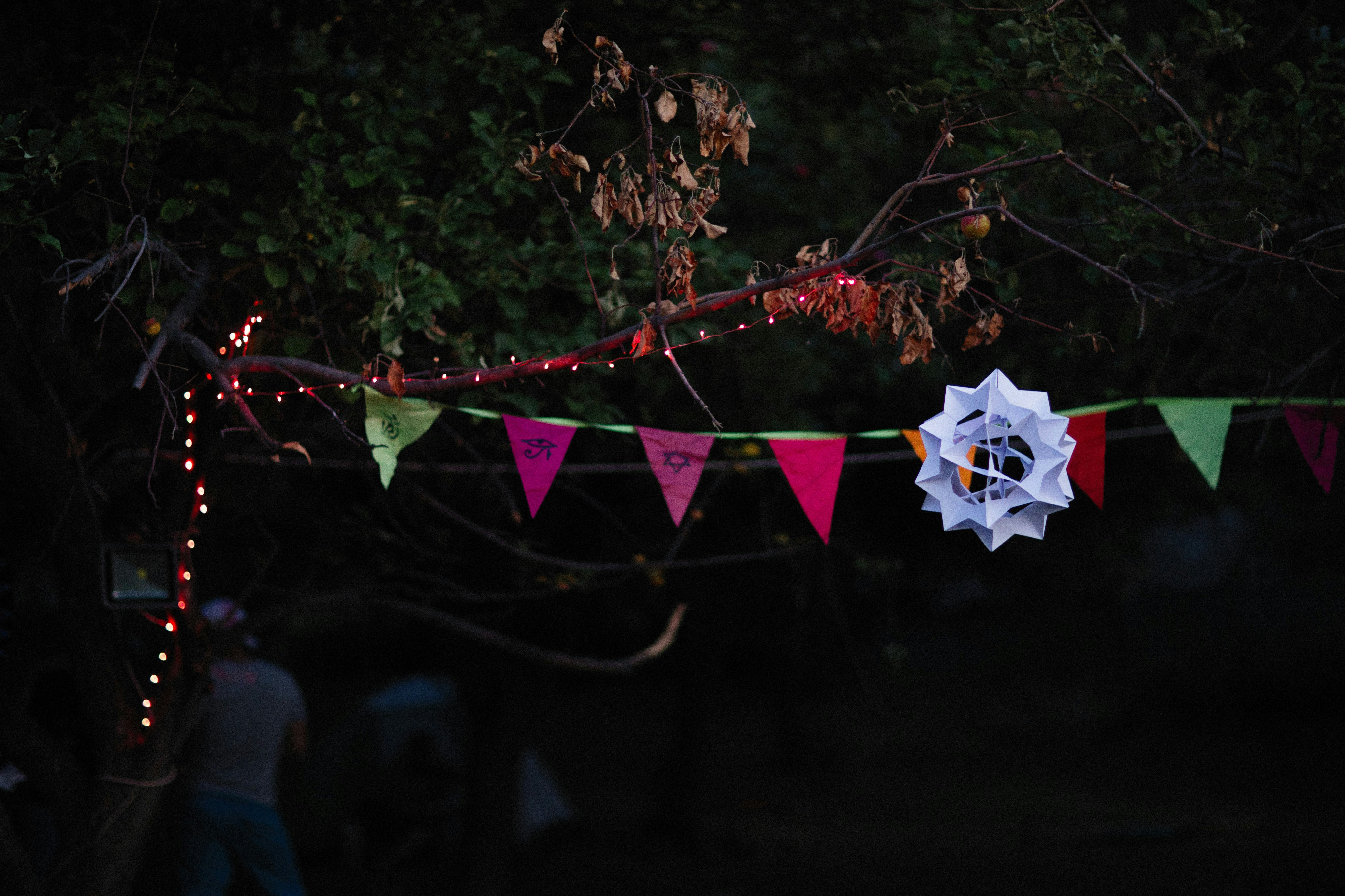 a paper star hanging from a tree in the dark
