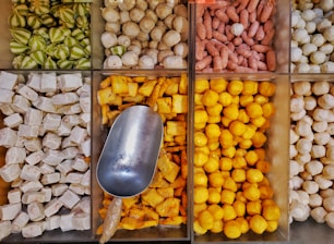 An array of neatly arranged, colorful food items in bins, showcasing various types of goods such as green striped gourd-like vegetables, beige-white round shapes, small reddish cylinders, cubed white items, bright yellow cube-shaped and spherical objects. A metal scoop is resting in one bin, indicating these may be items for sale in a market or store.