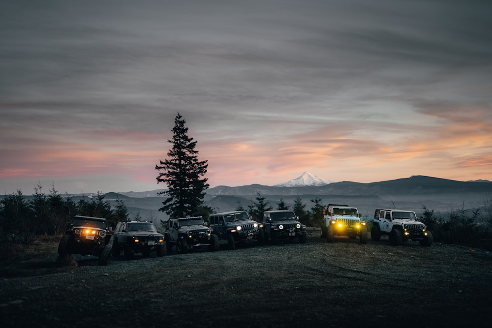 a group of jeeps parked next to each other
