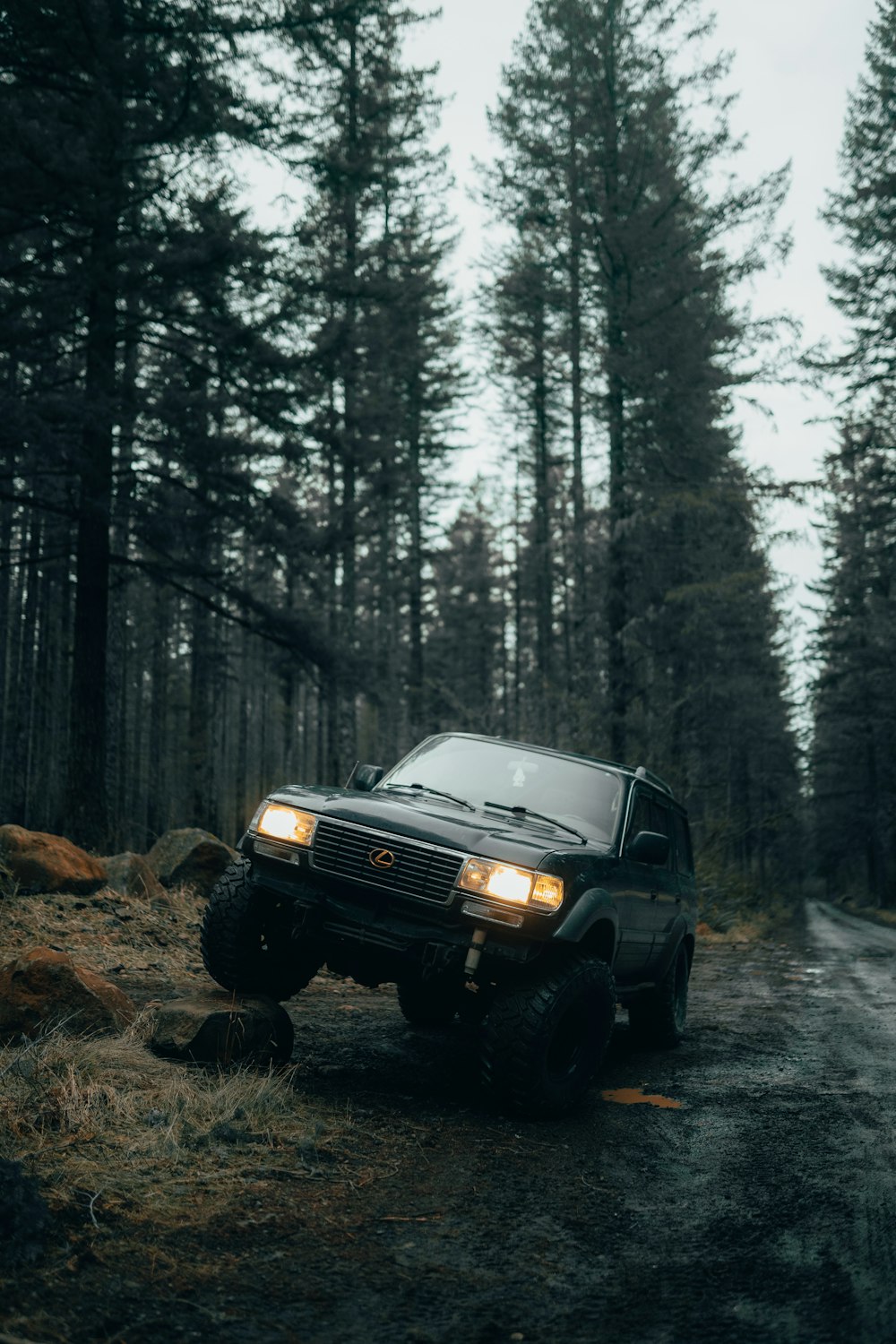 a truck parked on the side of a road in the woods