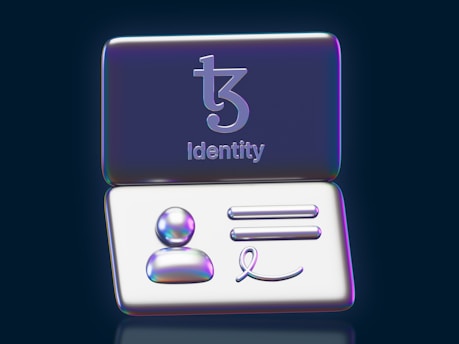 A digital icon featuring the word 'Identity' below an abstract symbol. The lower part displays a person symbol, two horizontal lines, and a stylized signature.