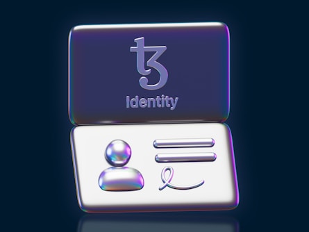 A digital icon featuring the word 'Identity' below an abstract symbol. The lower part displays a person symbol, two horizontal lines, and a stylized signature.
