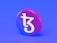 A 3D rendering of a round emblem featuring a stylized white letter symbol on a gradient background transitioning from blue to pink.