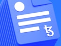 A 3D-rendered blue document icon with a folded corner is visible, featuring three white horizontal lines and a white circle near the top. A stylized 'tz' symbol is prominently displayed on the bottom right.