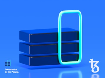 Three dark blue rectangular blocks are stacked on top of each other against a vibrant blue background. In front of them, an outline of a smartphone with a neon green-blue hue is situated. The lower left corner features text that reads 'Governance by the People' next to a logo composed of small stacked rectangles. Another abstract logo is placed in the lower right corner.