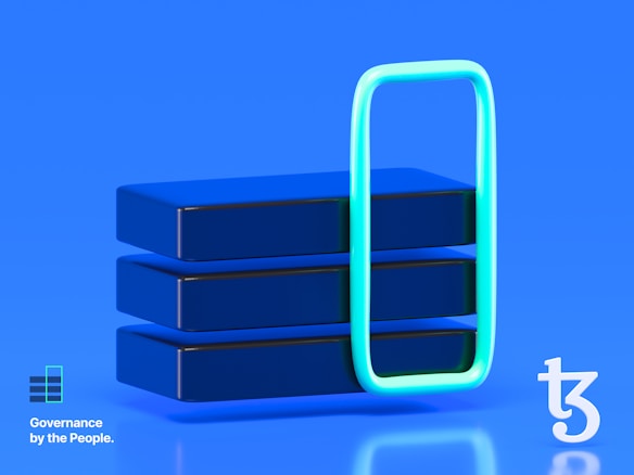 Three dark blue rectangular blocks are stacked on top of each other against a vibrant blue background. In front of them, an outline of a smartphone with a neon green-blue hue is situated. The lower left corner features text that reads 'Governance by the People' next to a logo composed of small stacked rectangles. Another abstract logo is placed in the lower right corner.