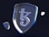 A metallic shield prominently featuring a stylized symbol in the center, with smaller shield-like shapes floating around it against a dark background. The surface of the shield and surrounding elements reflect a blueish tint, giving a modern and sleek appearance.