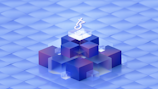 A geometric composition features a central arrangement of 3D cubes stacked in a pyramid-like structure on a gradient blue surface. At the top, a symbol resembling a currency or logo is prominent. The cubes have transparent and opaque layers in shades of blue and purple, creating a futuristic and digital aesthetic.