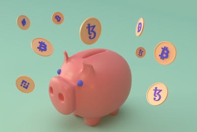 A pink piggy bank surrounded by floating digital currency coins with various cryptocurrency symbols. The background is a soft green color, and the coins feature symbols for Bitcoin, Ethereum, and Binance Coin, among others.