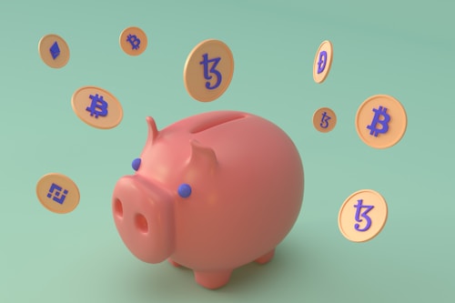 A pink piggy bank surrounded by floating digital currency coins with various cryptocurrency symbols. The background is a soft green color, and the coins feature symbols for Bitcoin, Ethereum, and Binance Coin, among others.