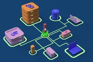 A digital illustration of a network diagram featuring interconnected servers, laptops, and nodes. The nodes are organized in a grid form and connected by glowing lines, centered around a power symbol. Various symbols are present on the servers.