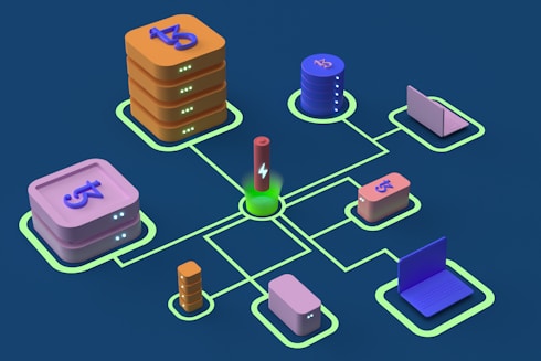 A digital illustration of a network diagram featuring interconnected servers, laptops, and nodes. The nodes are organized in a grid form and connected by glowing lines, centered around a power symbol. Various symbols are present on the servers.