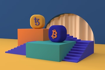 Two platform structures with stairs are positioned side by side. One platform is orange with an orange and purple 'Tezos' symbol on top, while the other is green with a blue and orange 'Bitcoin' symbol. The platforms are set on a blue and mustard yellow background, and there is a large circular arch in the backdrop.