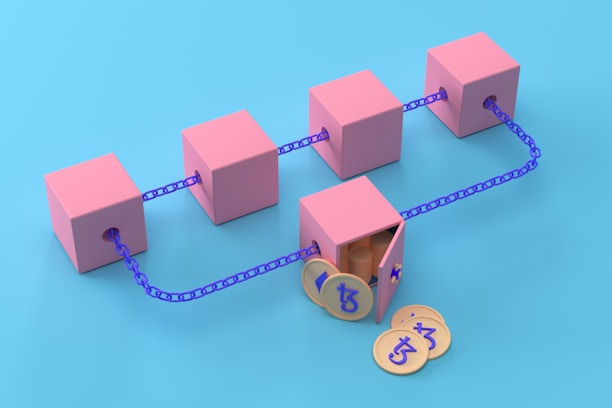 A series of pink cubes are connected with blue chains on a blue background. One of the cubes is open, revealing coins with a stylized 'T' logo spilling out.