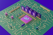 A 3D-rendered image of a green circuit board depicting various electronic components, including a central purple chip with a symbol, multiple smaller chips, capacitors, and resistors. The board features intricate gold circuitry pathways.