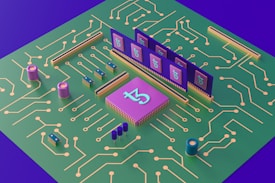 A 3D-rendered image of a green circuit board depicting various electronic components, including a central purple chip with a symbol, multiple smaller chips, capacitors, and resistors. The board features intricate gold circuitry pathways.