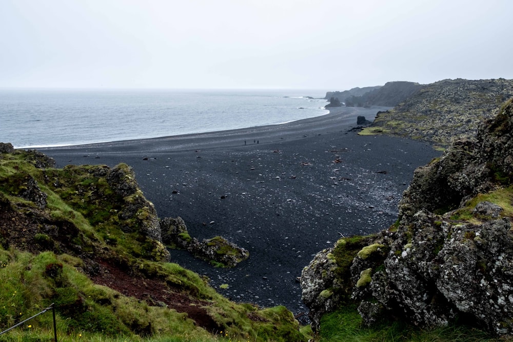 a black sand beach surrounded by green grass