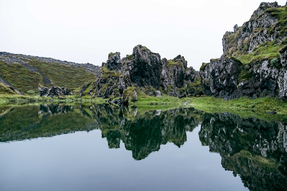 a body of water surrounded by mountains and grass