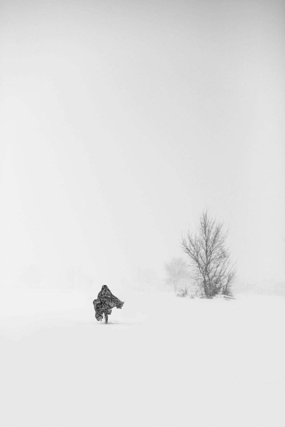 a black and white photo of a person walking in the snow