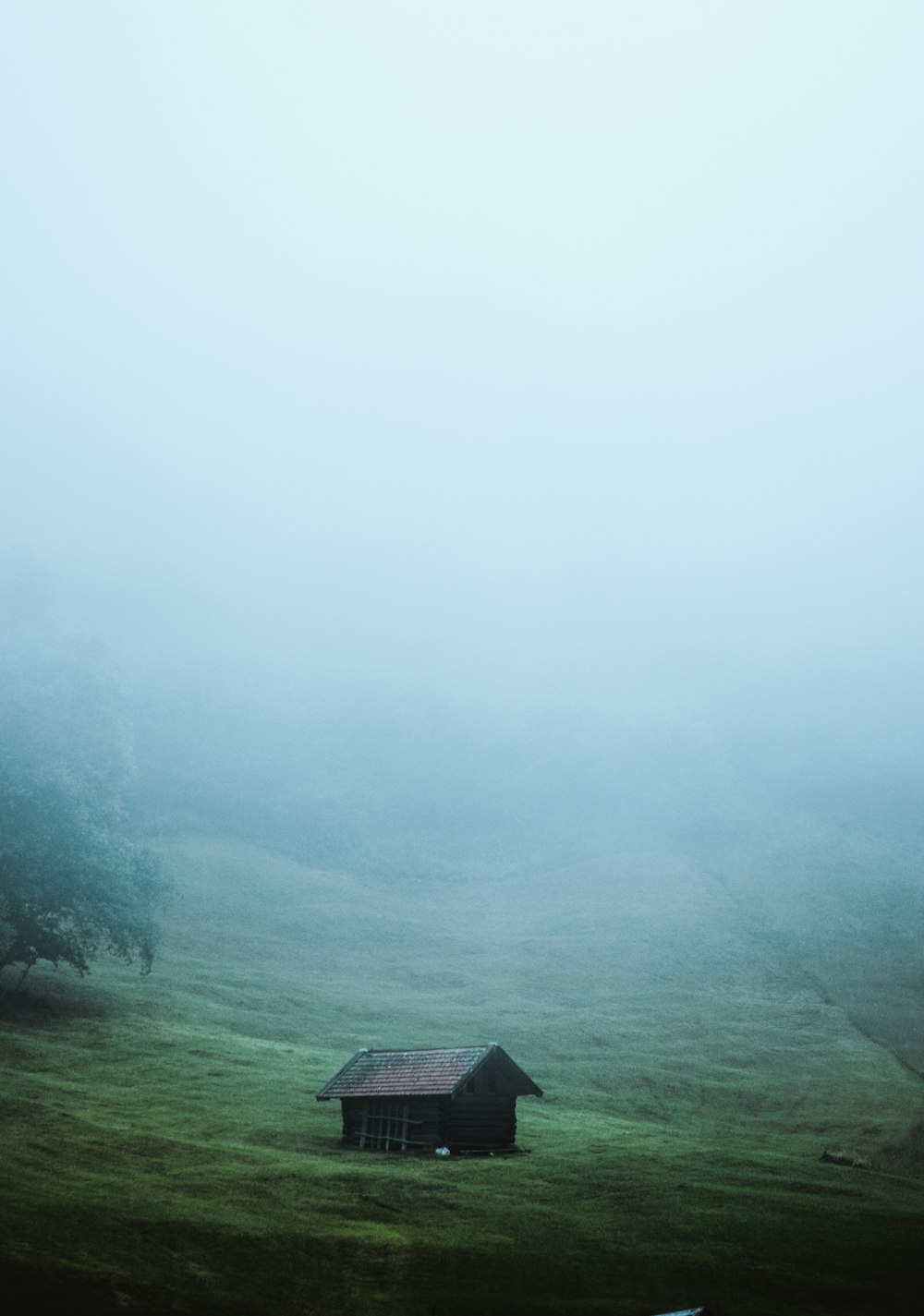 a small cabin in the middle of a foggy field