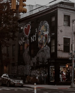 A mural of a famous scientist with a colorful face and a playful expression is painted on the side of a building. The mural includes the words 'We ❤️ NY².' Below the mural, graffiti tags decorate the lower wall. At street level, a store named 'VIBE' displays mannequins and clothing. A traffic light hangs above, and a tree partially obscures part of the building.