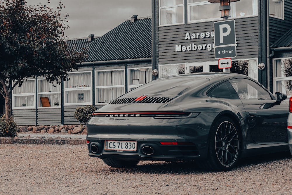 a black sports car parked in front of a building