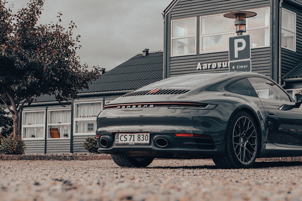 a black sports car parked in front of a building