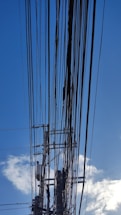 Numerous power lines crisscrossing the sky, connected to a utility pole with several transformers and insulators. The background features a clear blue sky with a few scattered clouds.