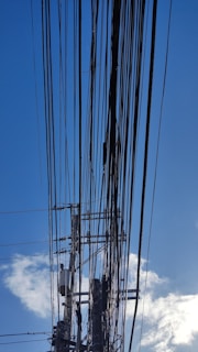 Numerous power lines crisscrossing the sky, connected to a utility pole with several transformers and insulators. The background features a clear blue sky with a few scattered clouds.