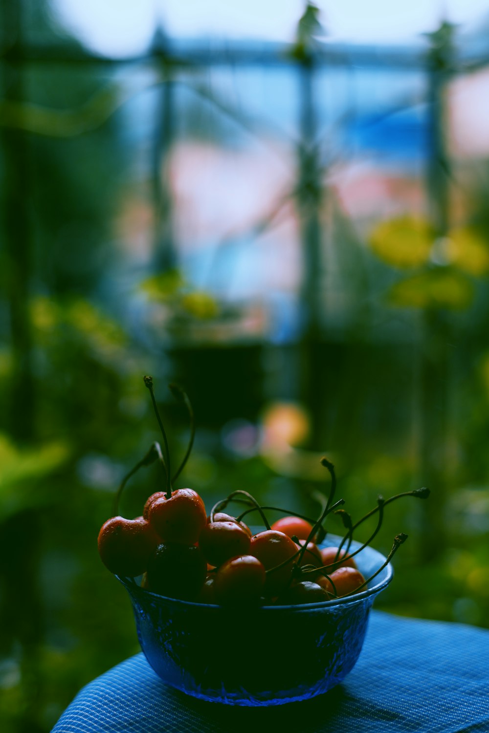 a bowl of cherries sitting on a table