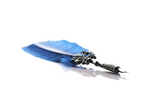 A luxurious writing quill featuring a vibrant blue feather and an intricately designed metallic handle, artistically placed against a stark white background with a subtle reflection visible beneath.
