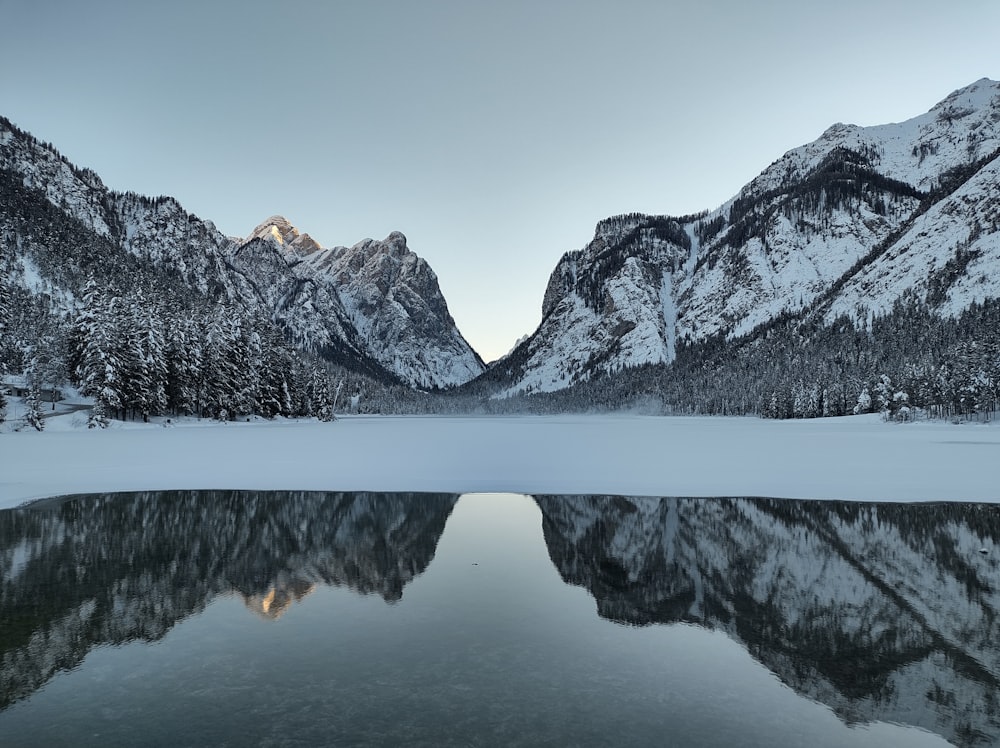 a lake surrounded by snow covered mountains