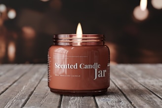 Close-up of a beautifully designed scented jar candle with a soft glowing flame.