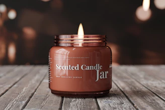 A warm, minimalist photo of a scented candle jar glowing softly on a wooden surface.
