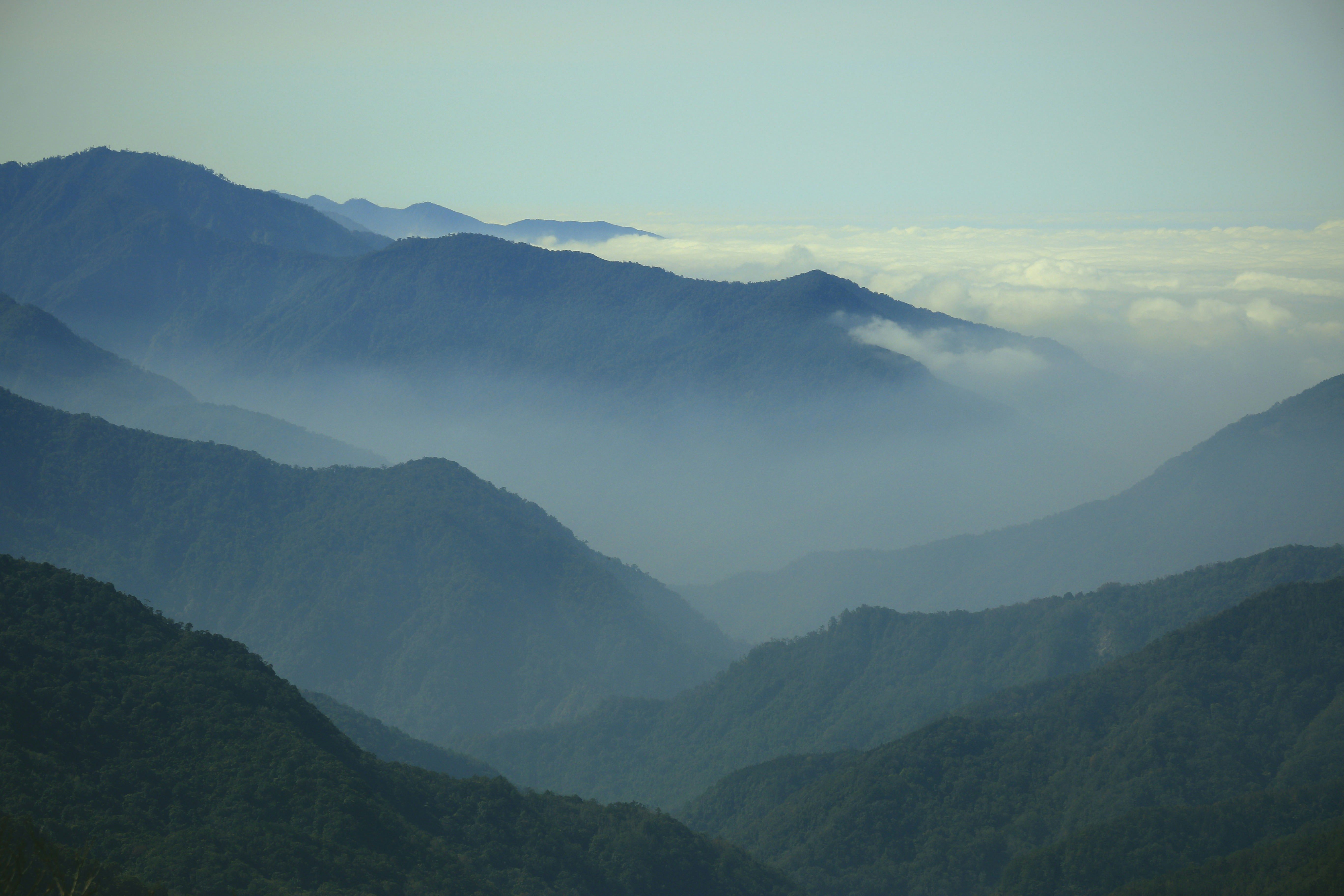 a view of a mountain range covered in fog