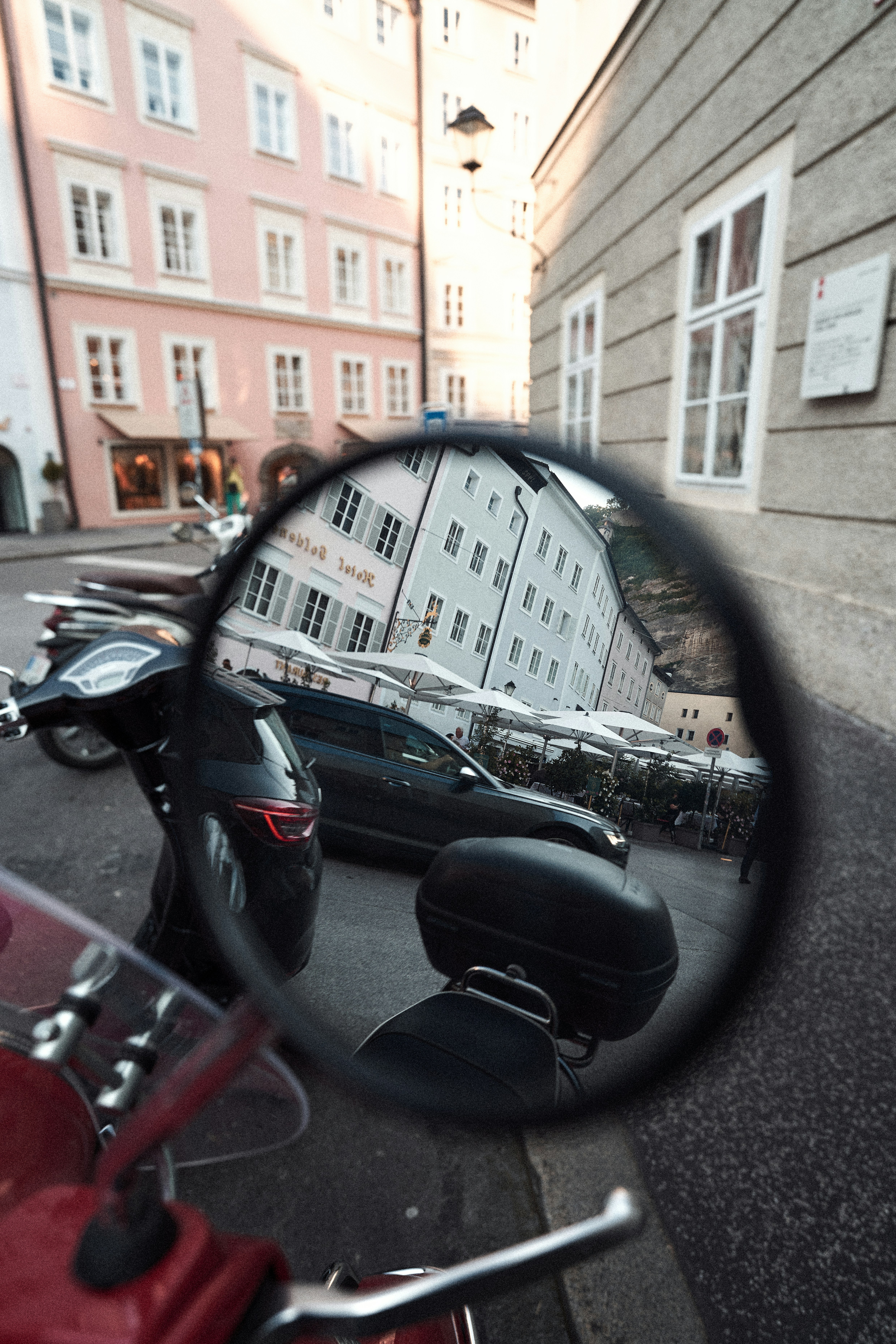 a side view mirror on a motor scooter
