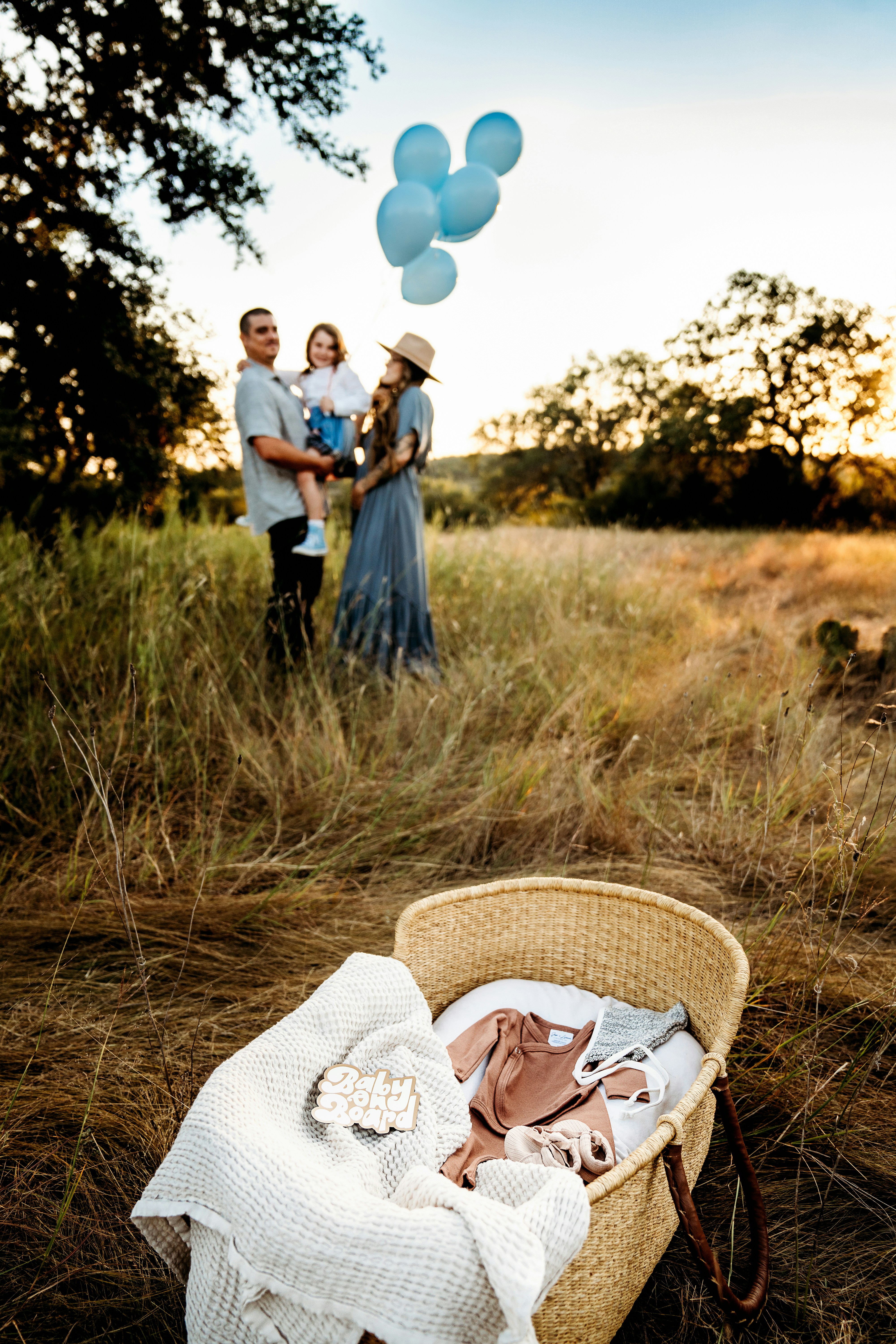 Un bébé dans un panier dans un champ avec des ballons