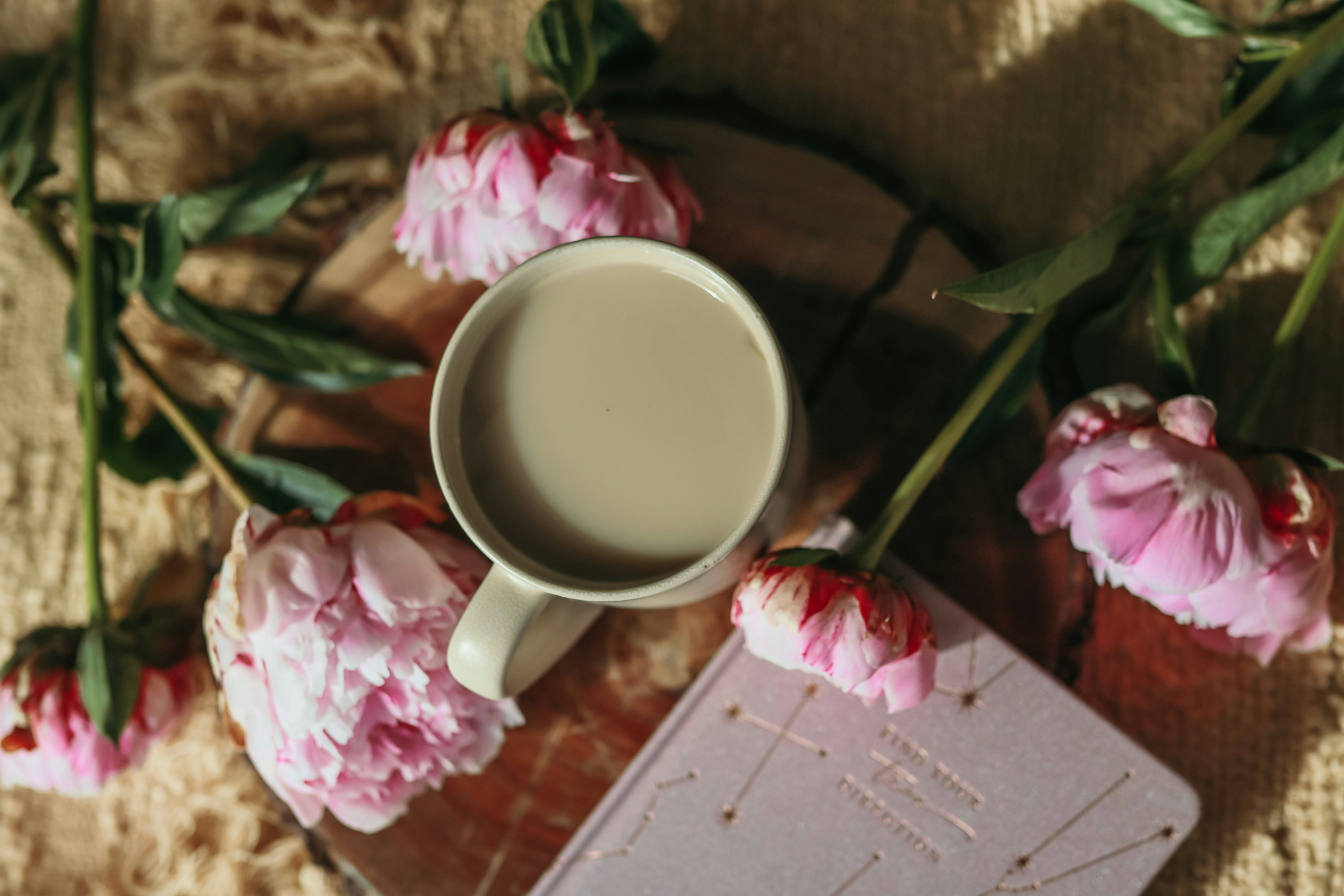 a cup of coffee and some pink flowers, 