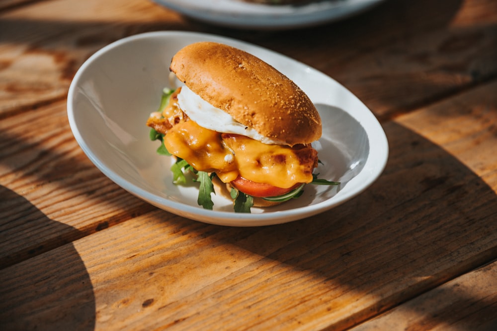 a sandwich on a plate on a wooden table