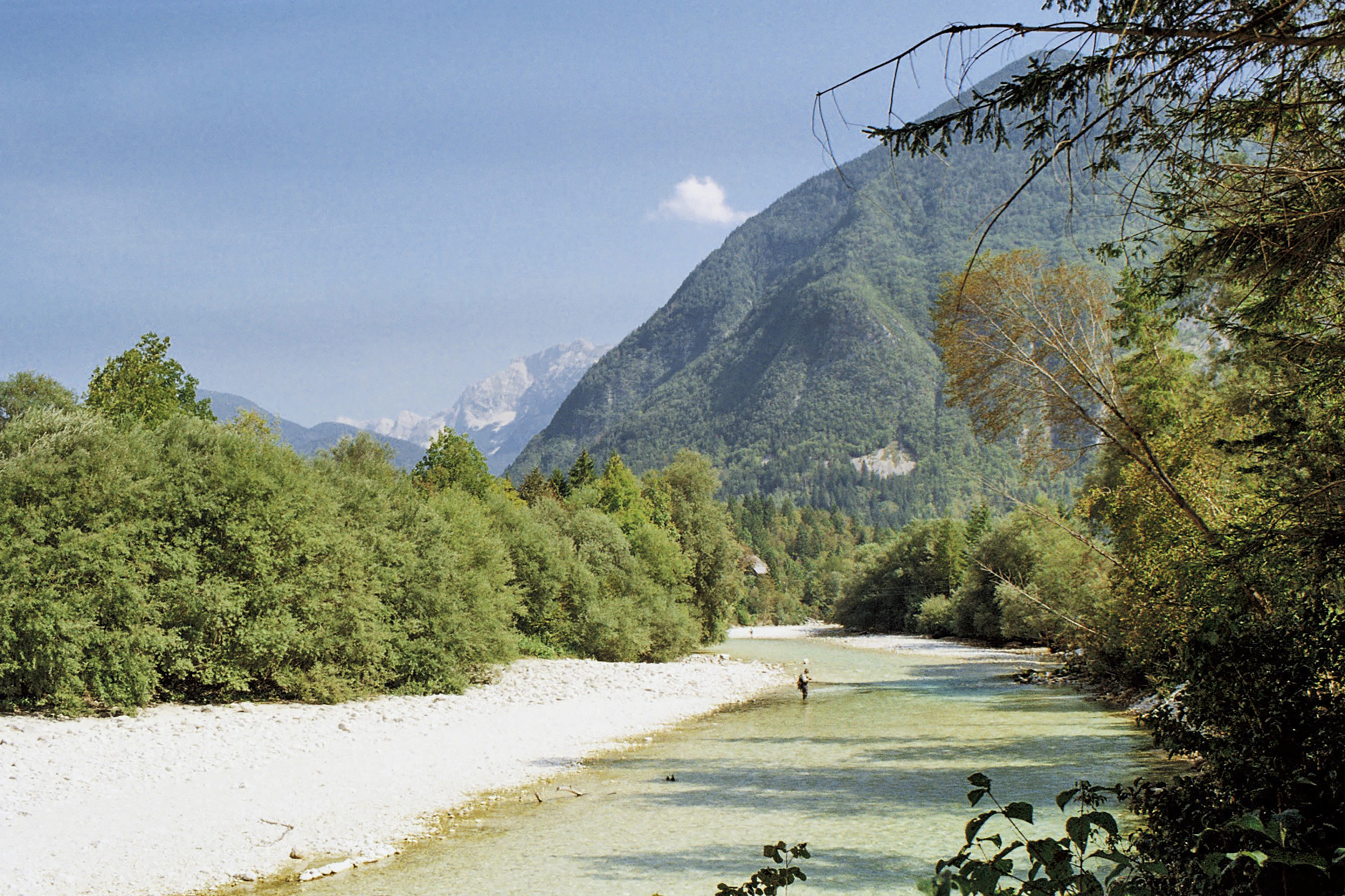 The clear green Soča between white shingle banks and wooded slopes, with peaks in the distance