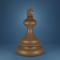 A large, stylized chess piece resembling a knight is centered against a gradient blue background. The piece is shaped with smooth, rounded contours and is colored in a shiny gold-bronze tone.