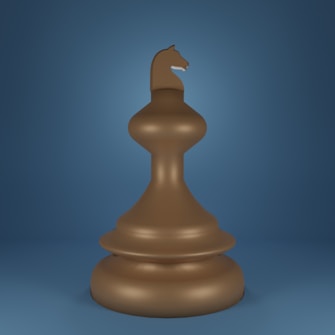 A large, stylized chess piece resembling a knight is centered against a gradient blue background. The piece is shaped with smooth, rounded contours and is colored in a shiny gold-bronze tone.
