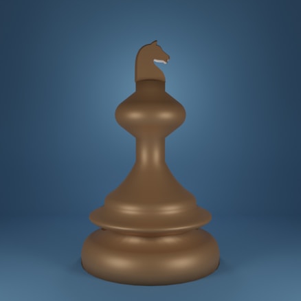 A large, stylized chess piece resembling a knight is centered against a gradient blue background. The piece is shaped with smooth, rounded contours and is colored in a shiny gold-bronze tone.