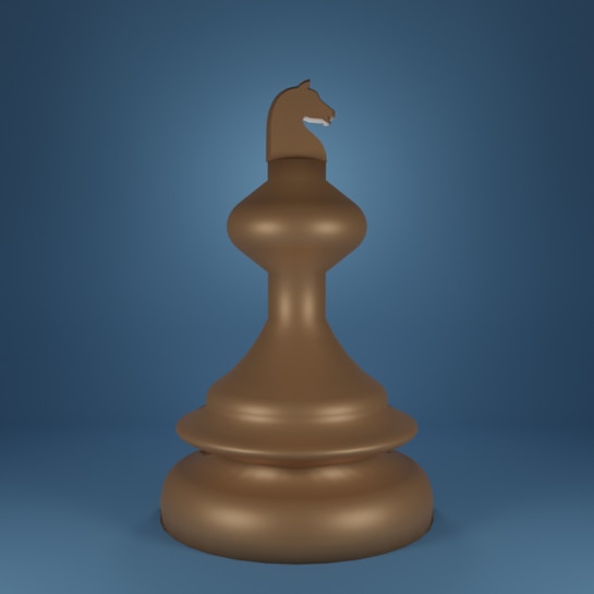 A large, stylized chess piece resembling a knight is centered against a gradient blue background. The piece is shaped with smooth, rounded contours and is colored in a shiny gold-bronze tone.