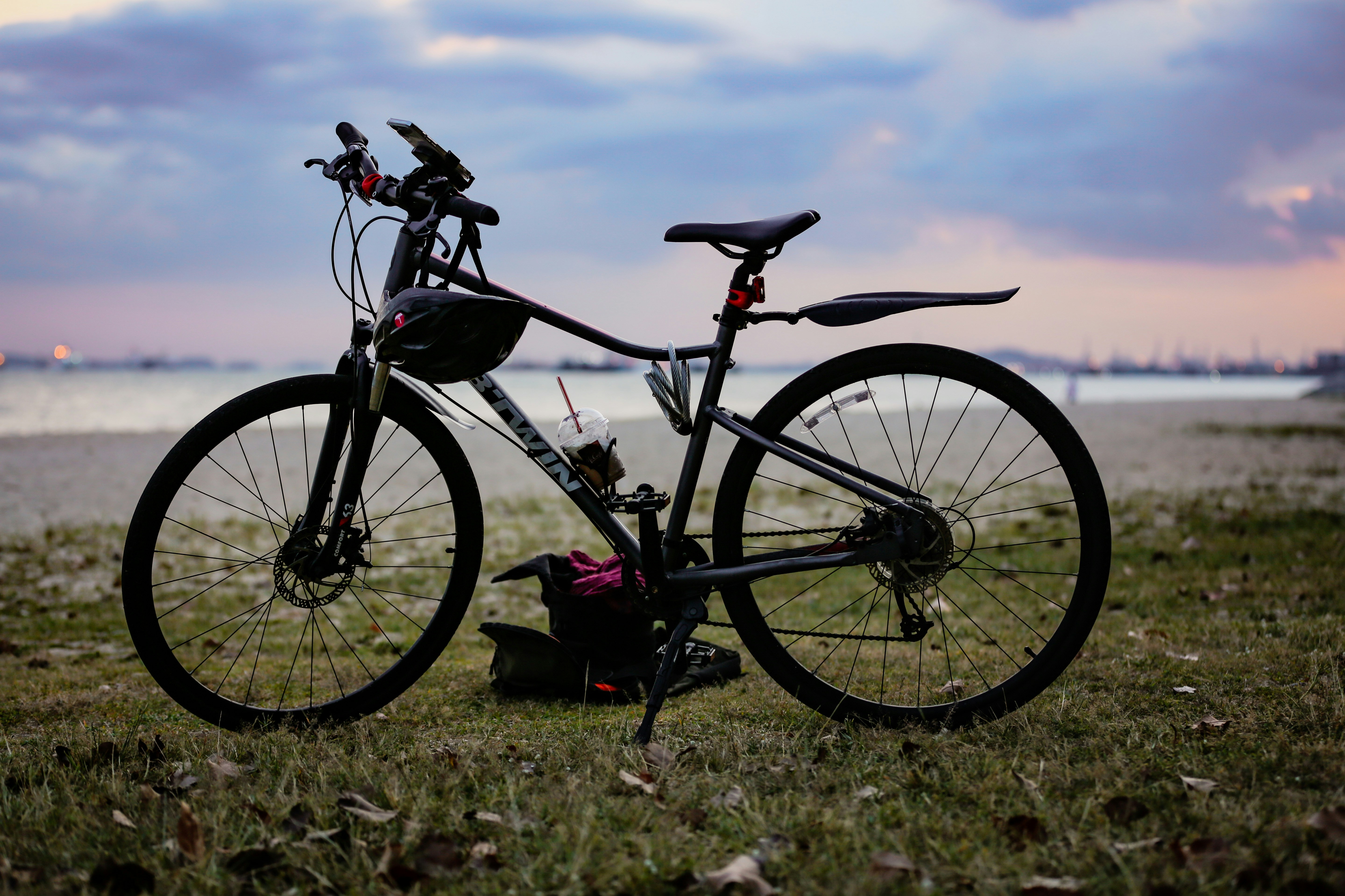 a bicycle is parked on the grass near the water
