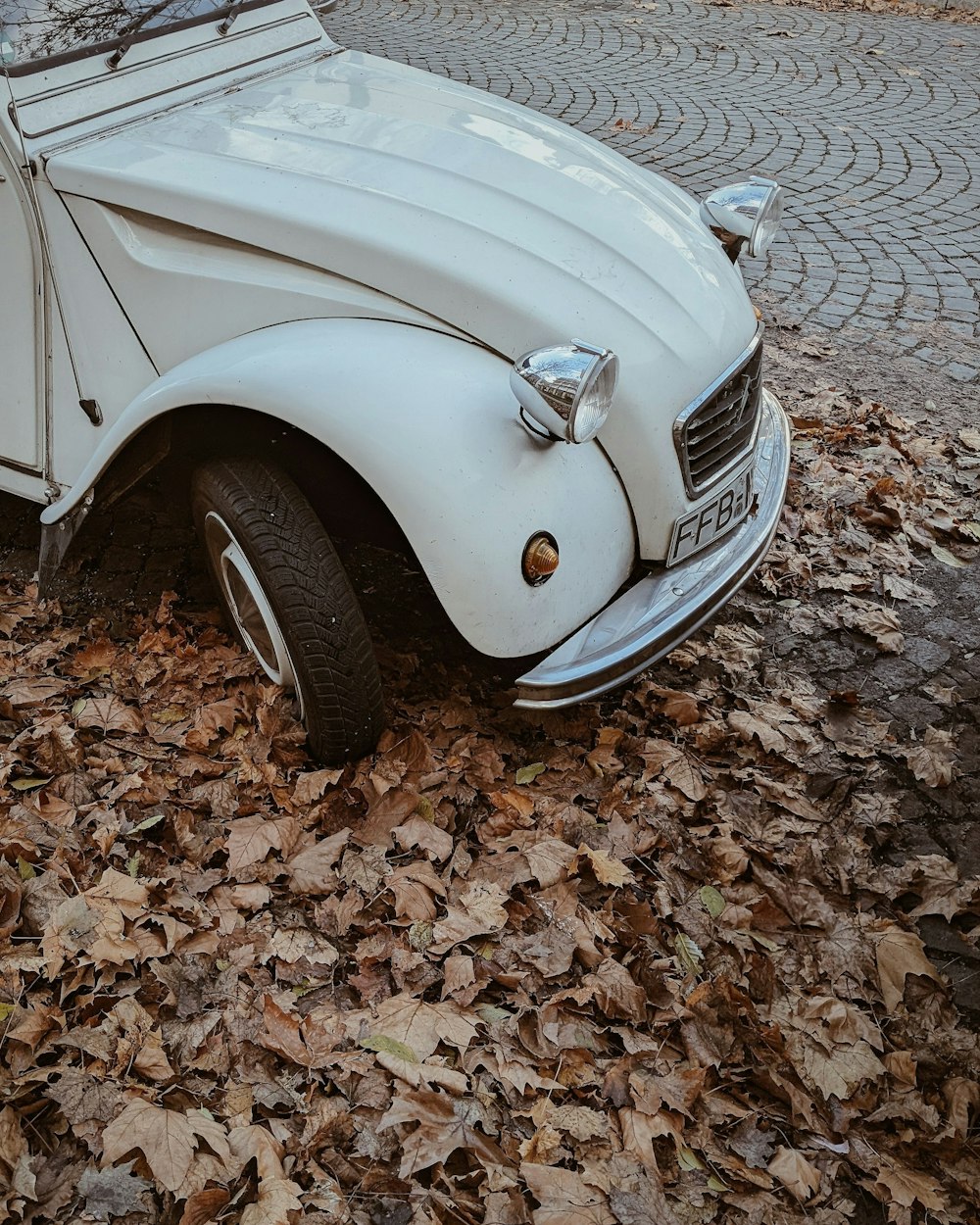 an old white car parked on a leaf covered street