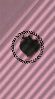 A heart emblem is centered within a laurel wreath, cast in black against a pink textured background. Diagonal light and shadow patterns stretch across the surface, creating a visually interesting effect.