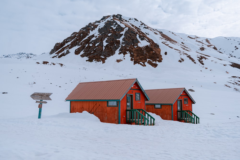 a red building sitting on top of a snow covered slope
